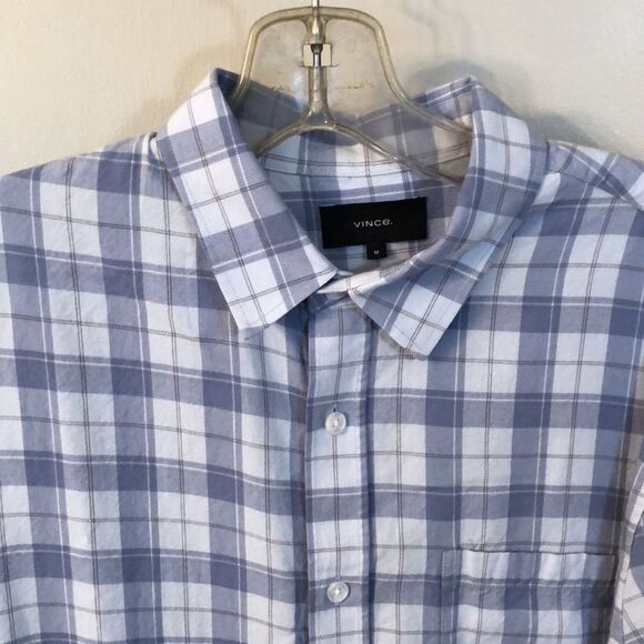 VINCE MEDIUM CLASSIC FIT BLUE PLAID BUTTON UP COTTON LYOCELL SHIRT - Picture 3 of 7